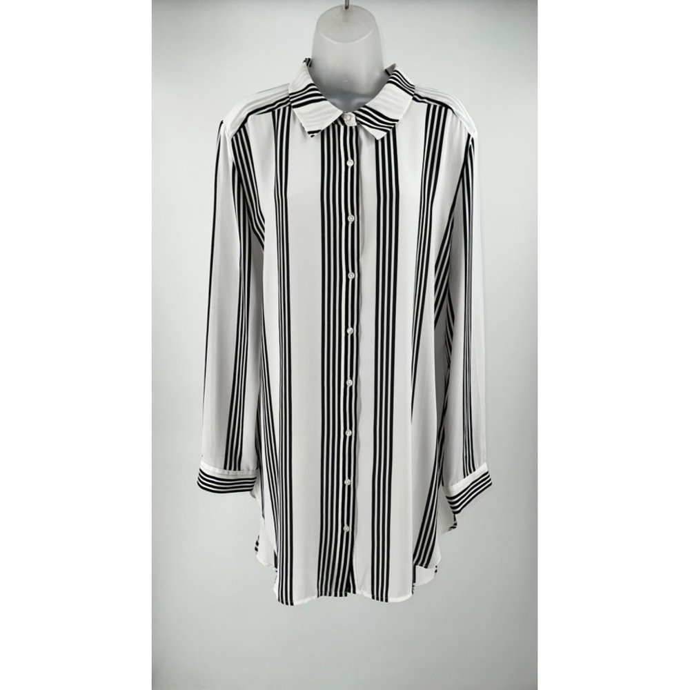 Como Vintage Ladies Oversized Sheer White Blouse with Black Stripes Size XL